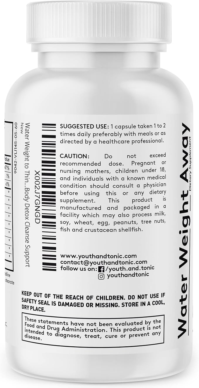 Youth & Tonic Natural Water Weight Away – Herbal Diuretic Pills for Bloating, Water Retention & Swelling Support for Women & Men – 60 Caps with Dandelion, Potassium, Green Tea & Apple Cider Vinegar