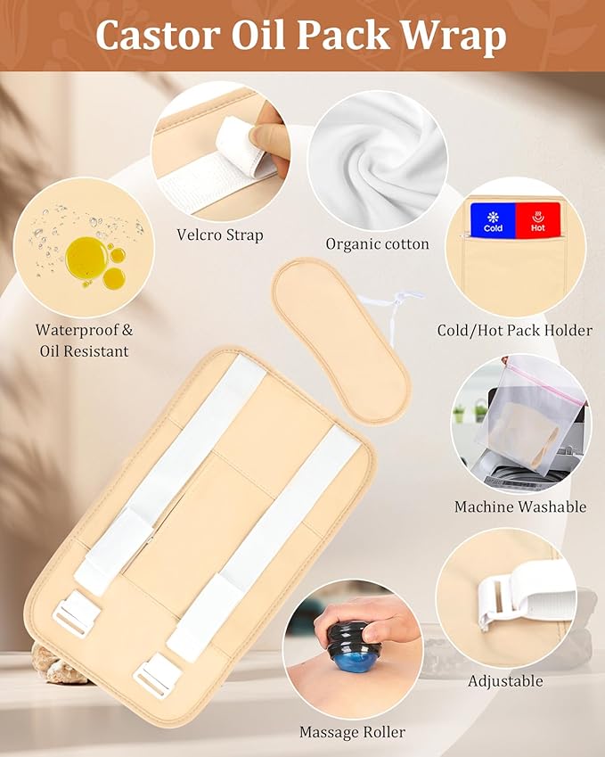 Castor Oil Pack Wrap & Organic Castor Oil (8fl.oz/237ml), Caster Oil Wrap with Roller Ball, Reusable Caster Oil Packs for Neck, Stomach and Entire Body