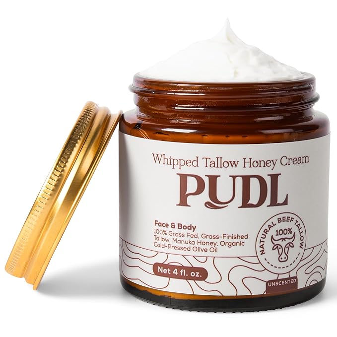 PUDL Grass Fed Beef Tallow for Skin Care with Manuka Honey, Organize Olive Oil and Jojoba Oil – Whipped Lotion Balm Anti-Aging Moisturizer Deeply Nourishing for Sensitive Skin Face & Body