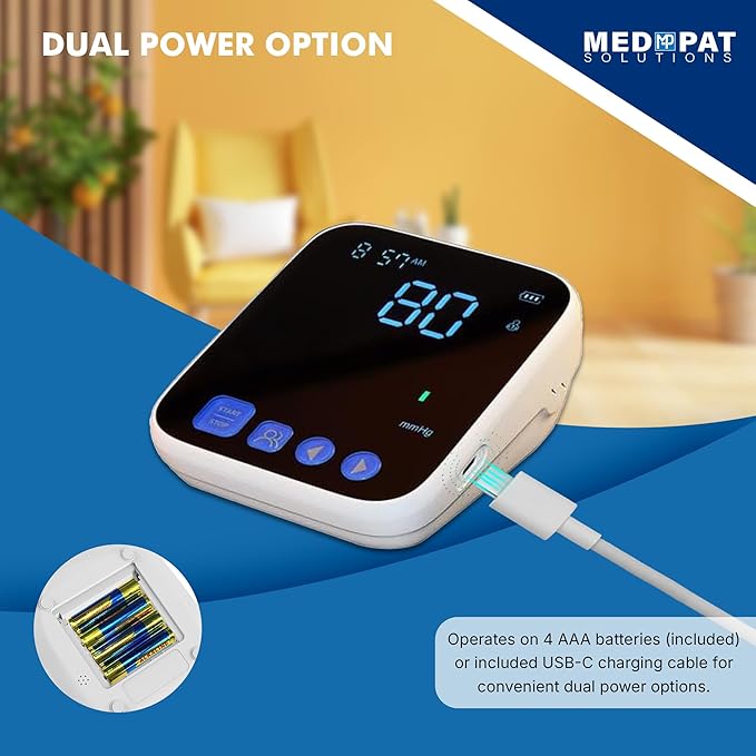 Med-Pat BP-S Arm Blood Pressure Monitor - 4.7" HD LCD Screen - 2 Users x 300 Memories Plus Guest Mode - Irregular Heartbeat Detection - Hold Still Indicator - FSA/HSA Approved - Portable Square Design