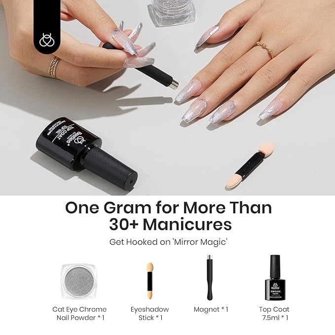 beetles Chrome Nail Powder Metallic with Top Coat Set- Silver Mirror Effect Galaxy Glitter Gel Polish, 1g/Jar with 7.5ml No Wipe UV Gel Top Coat for DIY Nails Art Salon Manicure Design Decoration