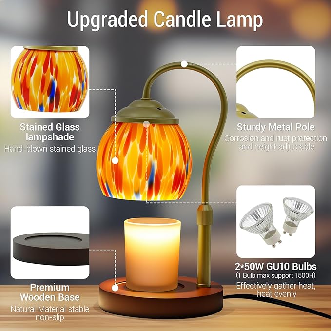 Candle Warmer Lamp with Timer, Dimmable Wax Warmer Lamp with 2 Light Bulbs, Height Adjustable Stained Glass Lamp Candle Warmer for Jar Candles, Home Room Decor, Gifts for Women Mom