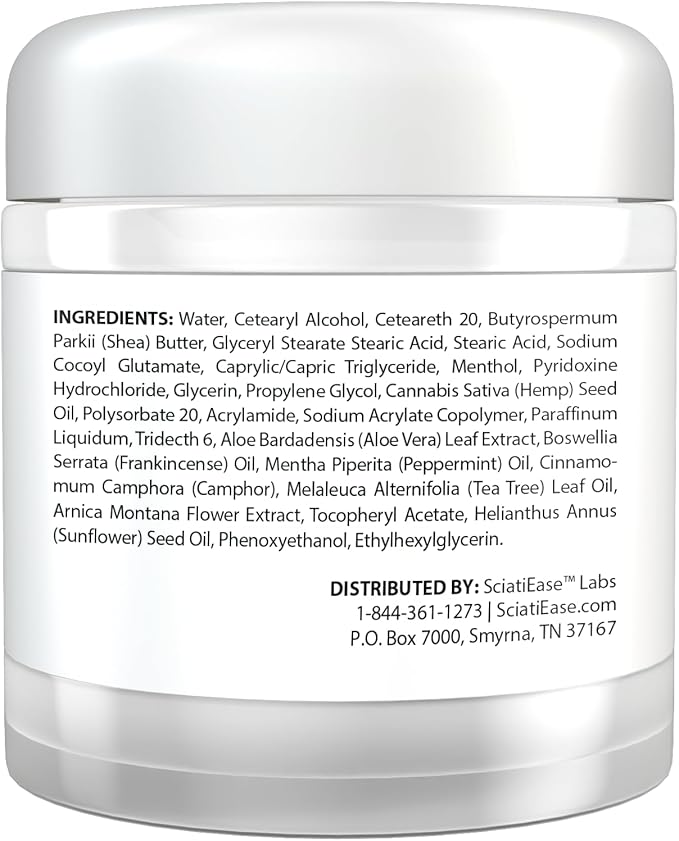 SciatiFlex Topical Sciatic Cream - Maximum Strength for Sciatic Nerve Discomfort in The Lower Back, Hips, Buttocks, Legs and Feet - Hemp Cream with Arnica Extract, Shea Butter, Aloe Vera - 4oz