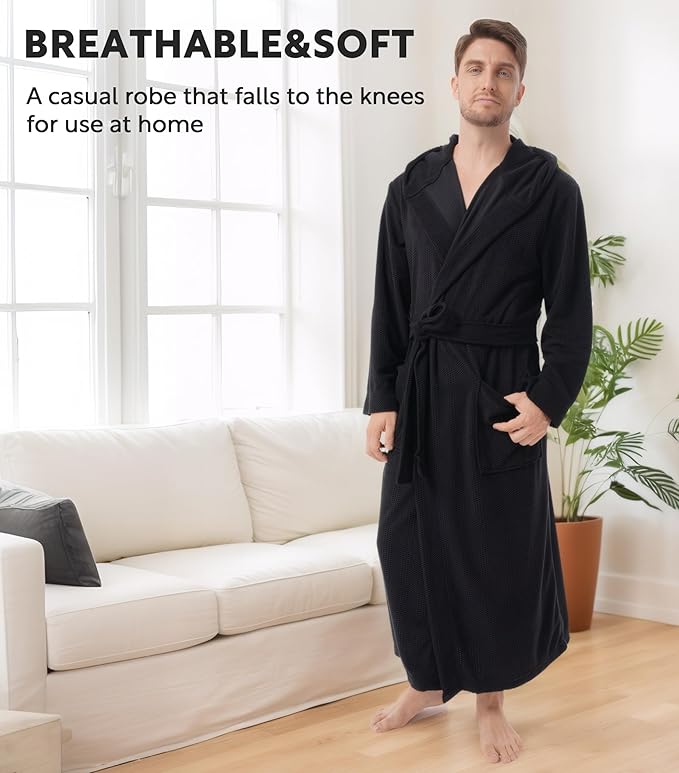 DAVID ARCHY Men's Robe Long Sleeve Lightweight Knit Bathrobe,Comfort Knee Length Hood Sleepwear