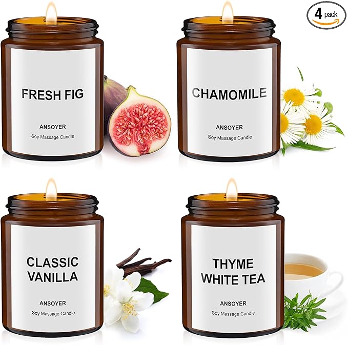 4PCS Massage Candles for Massage Therapy -Soy +Hemp Seed Oil, Body Oil Lotion Candle- Gift Set-18.08OZ (Fresh Figs, Chamomile, Classic Vanilla, Thyme & White Tea)