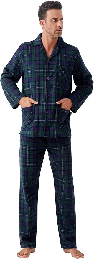 GLOBAL Men's Pajamas Sets 100% Cotton Flannel Sleepwear Long-Sleeve top & Bottom