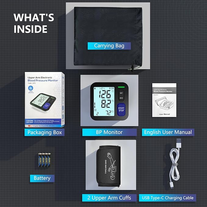 Blood Pressure Machine Upper Arm, Medium/Large BP Cuff Fit Arms from Medium 9"-17", Accurate Automatic Digital BP Monitor Home Use, Large Backlit LCD, 2-User Mode