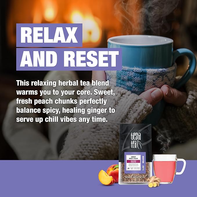 Tiesta Tea - Ginger Sweet Peach, Spicy Peach Herbal Tea, Tranquility Blend, Loose Leaf, Non-Caffeinated Hibiscus & Cane Sugar, Brews Up to 200 Cups, 16oz Bulk Pouch