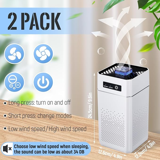 VIHOSE 2 Pcs Air Purifiers for Bedroom Living Room Kitchen Home 1291 Sqft Quiet Air Cleaner with H11 HEPA Filter Portable Small Air Purifier with 2 Speeds for Allergies Pollen Pet Dander Dust