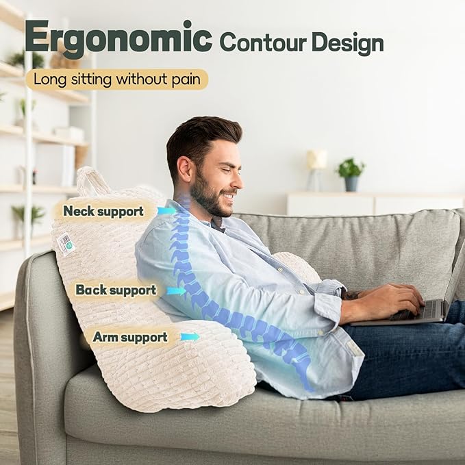 21" Higher Large Reading Pillow for Bed Adult, Back Pillow for Bed Sitting Up with Memory Foam Back Support with Arms Rest for Couch Chair Beige