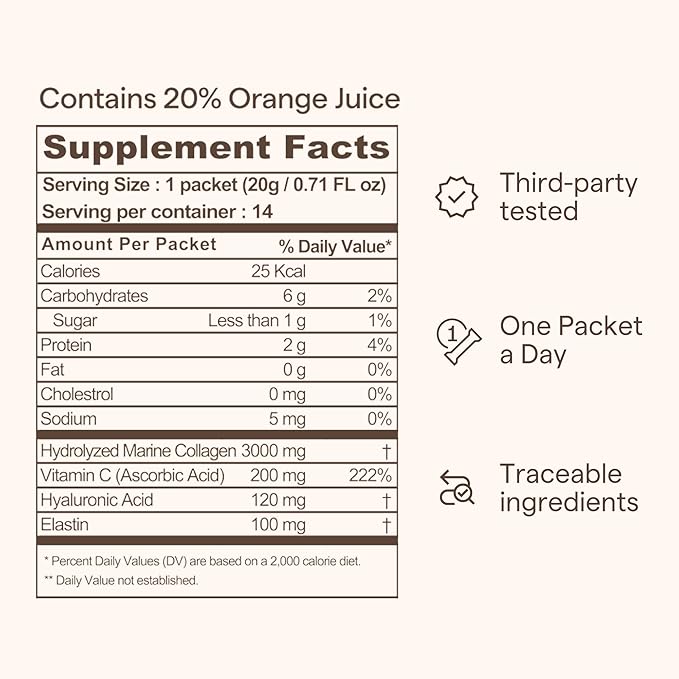Ownist Triple Collagen Liquid Packets On-The-Go - Peptides with Hydrolyzed Marine Collagen, Elastin, Hyaluronic Acid and Vitamin for Healthy Skin - Orange Flavor - 14 Individual Stick Packs