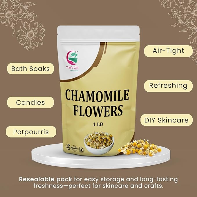 Chamomile Flowers 1 LB, 100% Natural Loose Leaf Chamomile Tea, Whole Dried Flowers for Herbal Tea, 1 LB Bulk Pack, Resealable Bag for Freshness - By Yogiโs Giftยฎ