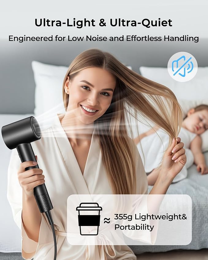 High Speed Hair Dryer 160000 RPM - Quiet Ionic Blow Dryer with Magnetic Diffuser and Concentrator, 500 Million Negative Ions, Lightweight, Thermo-Control, Fast Drying for Home Travel Salon