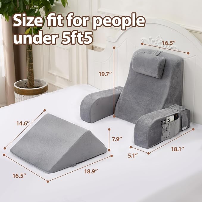 Reading Pillow for Sitting in Bed Adult, Back Pillow for Sitting Up in Bed with Arm Rest and Knee Rest, Suitable for Gaming,Watching TV on Floor, 19in 5Pcs, Grey