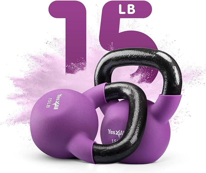 Yes4All Kettlebell, 5-65 LB Neoprene Coated Cast Iron Kettlebells, Wide Grip Handle & Flat Bottom for Swings, Squats, Deadlifts, Push Ups & Full Body Training at Home Gym - Single & Set