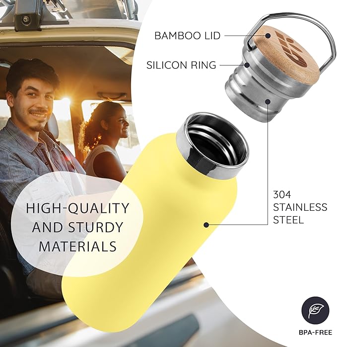 Bambaw Insulated Water Bottle 1l, Yellow Water Bottle, Stainless Steel Water Bottle 1l, Leakproof Water Bottle, Thermal Water Bottle, 1l Insulated Water Bottle, 1l Metal Water Bottle – Yellow Beam