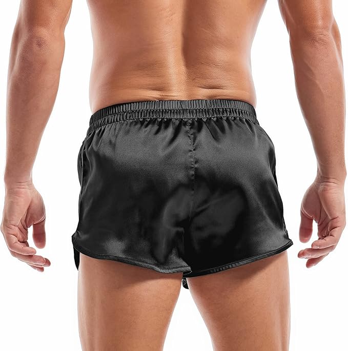 AMY COULEE Mens Satin Shorts Silk Boxers Sexy Split Side Lounge Shorts 3 Inch Pajama bottoms
