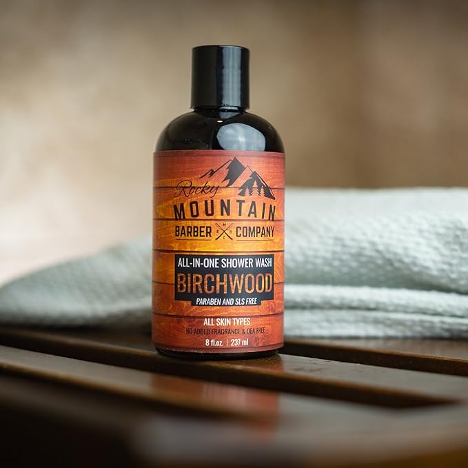 Rocky Mountain Barber Company Birchwood All-In-One Body Wash – Shampoo, Body Wash, Conditioner, Face Wash & Beard Wash with Essential Oils - 8 oz