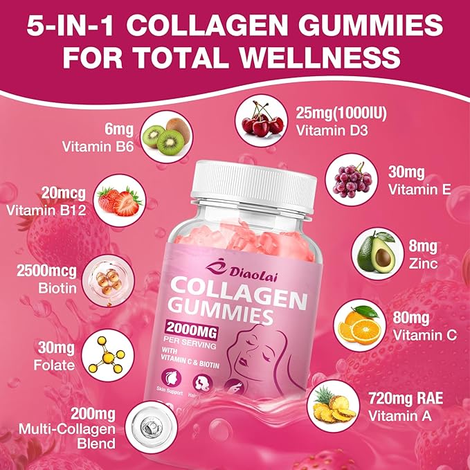 Sugar-Free Multi Collagen Gummies for Women & Men – Types I, II, III, V, X with Biotin, Vitamin C & Zinc for Hair, Skin & Nails | Strawberry Flavor | 60 Gummies