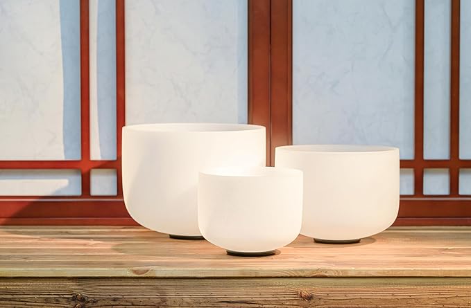 Hye-eun Crystal Singing Bowls Set 432HZ, 8"B 10"G 12"F 3pcs Frosted Quartz Chakra Sound Bowl with Carrying Case for Sound Healing Yoga Meditation