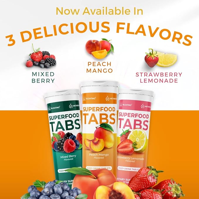 Superfood Tabs skinnytabs Anti-Bloat Cleanse Drink with 15 Superfoods | Supports Digestion, Energy & Cravings | Vegan, Non-GMO | 30 Effervescent Tabs – Peach Mango Flavor