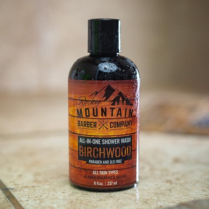 Rocky Mountain Barber Company Birchwood All-In-One Body Wash – Shampoo, Body Wash, Conditioner, Face Wash & Beard Wash with Essential Oils - 8 oz