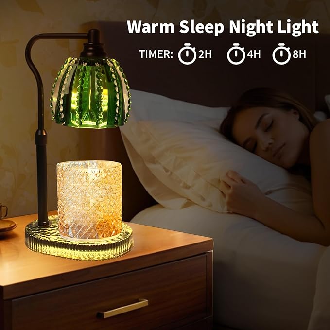 Candle Warmer Lamp with Timer: Adjustable Height and 4 Dimmer, Crystal Glass Base, Heater Wax Warmer for Jar Scented, Home Décor and Housewarming & Birthday Gift for Mom Woman, 2 Bulbs(Jade Green)
