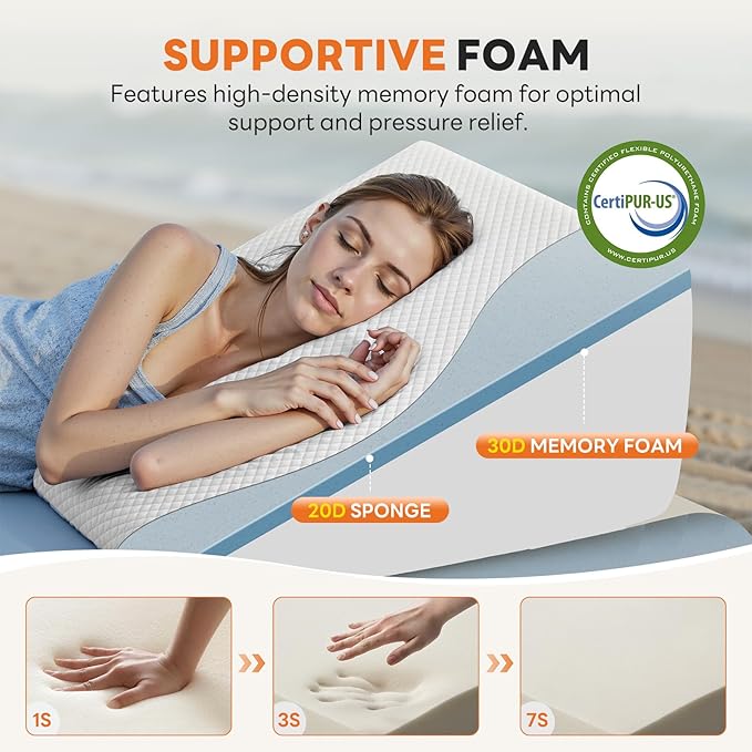 Sweetcrispy Wedge Pillow, Body Pillow for Sleep Apnea, Neck Pain Relief, Post Surgery, Sleeping Comfort, Acid Reflux, Heartburn, Back Pain Relief and Snoring, 12Inch, White& Grey