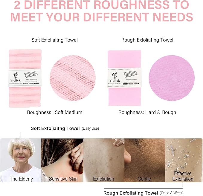 Yiclick Exfoliating Body Scrubber, Back Scrubber for Shower Bath, Japanese Scrub Wash Cloth, Exfoliating Washcloth Towel for Men Women, Body Exfoliator Loofah Luffa Sponge Net Rag Back Washer (Pink)