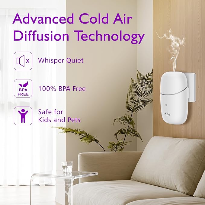 Plug in Waterless Diffuser, OliveTech Cold Air Scent Diffuser, Hotel Collection Aromatherapy Fragrance Diffuser for Home & Office, Includes 2x10ml Essential Oils