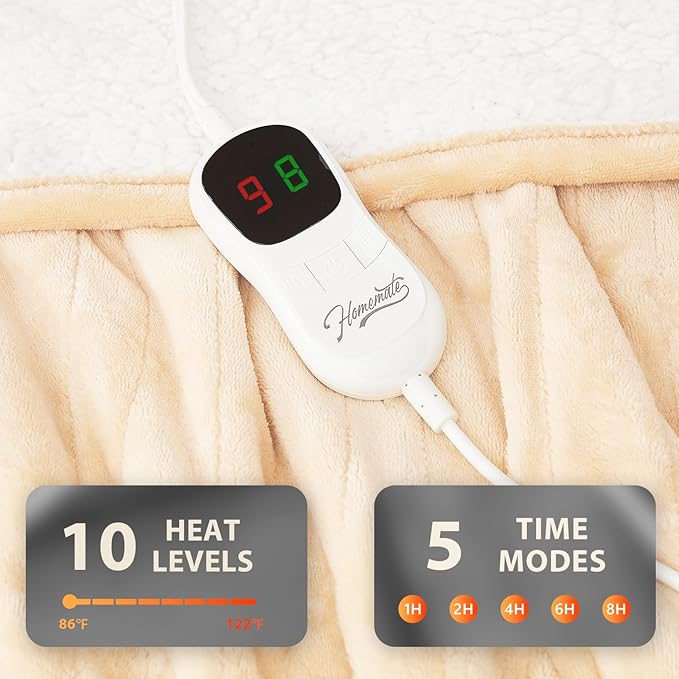 Homemate Electric Heated Blanket Full Size - 72"x84" Heated Bed Blanket Throw with 10 Heating Levels 8 Hours Auto Off Fast Heating Over-Heat Protection-Ultra Soft Flannel ETL Certified, Beige