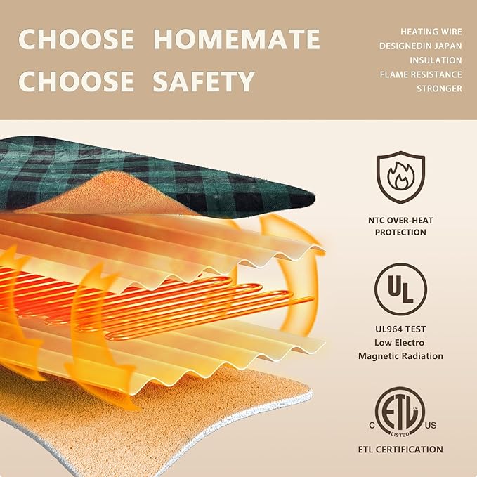 Homemate Electric Blanket Heated Queen Size - 84“x90“ Ultra Soft Cozy Flannel Heating Blanket with 10 Fast Heat Levels 8 Hours Auto Off Over-Heated Protection ETL Certification Keep Warm in Home