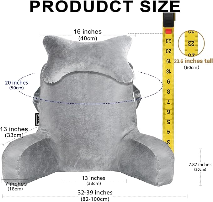 SLIGUY Reading Pillow for Sitting in Bed Couch Adult, Back Pillow with arm Support and Pockets, Adult Back Pillow Bed Chair for Bed Rest, Reading, Watching TV, Gaming for Boys and Girls Light Grey