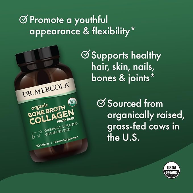 Dr. Mercola Organic Bone Broth Collagen, 30 Servings (90 Tablets), Organically Raised Grass-Fed Beef, Dietary Supplement, Supports Bone and Joint Comfort, USDA Organic, Non-GMO