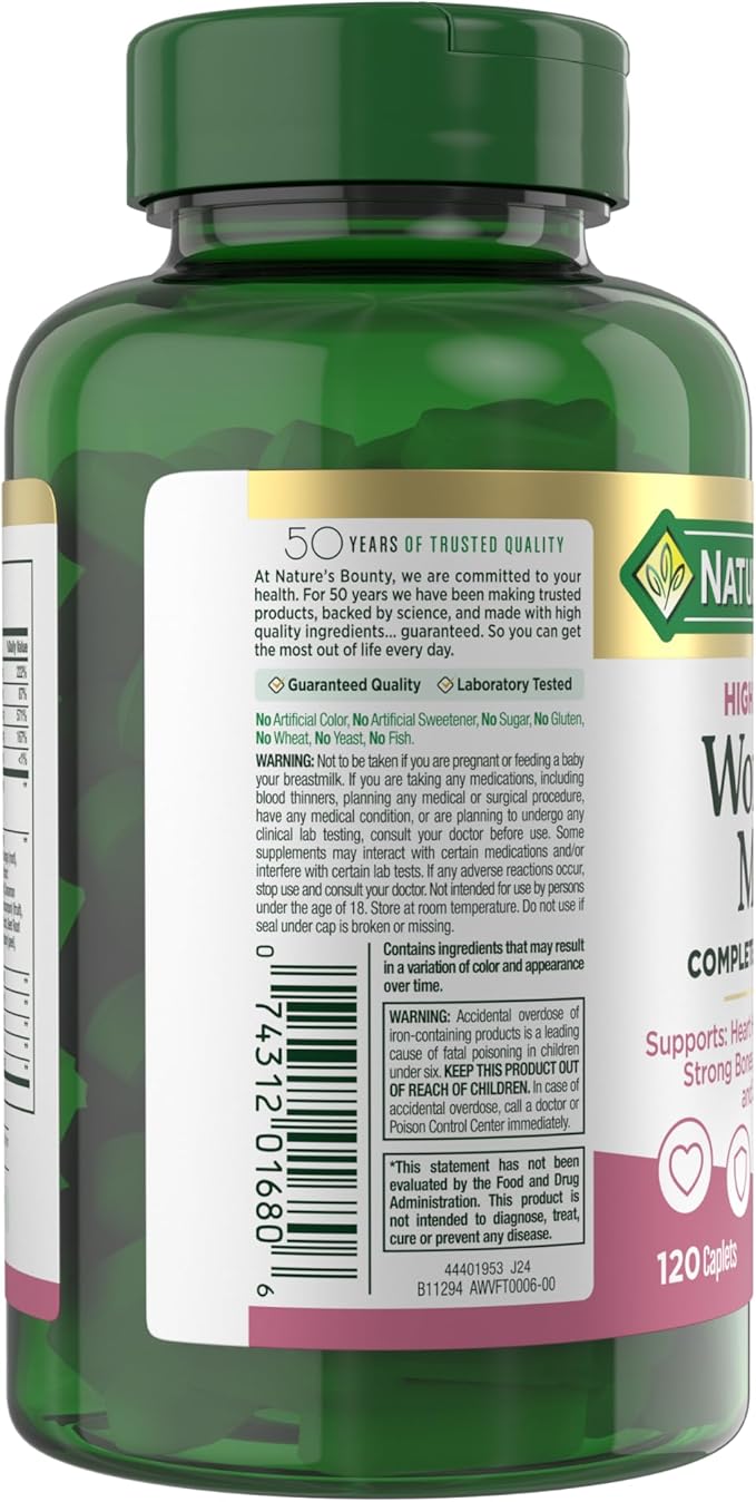 Nature’s Bounty High Potency Women’s Complete Multivitamin, Daily Vitamin with Vitamin C, Supports Heart Health & Immune Function, Essential Nutrition for Women, 120 Caplets