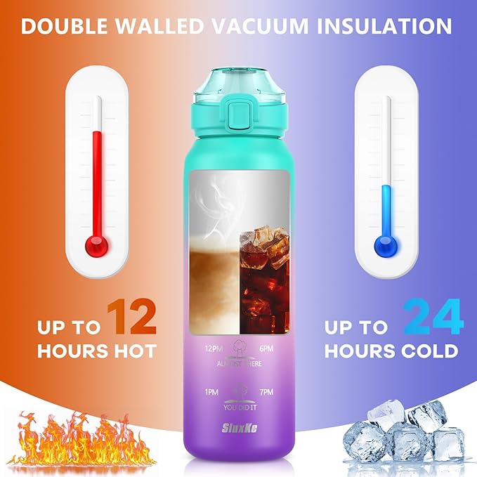 24oz Insulated Water Bottle with Straw and Spout Lids, 700ml 18/10 Stainless Steel Double Wall Vacuum Sports Water Jug, Leakproof Hydro Cup Flask for Men, Women & Kids GREEN PINK PURPLE