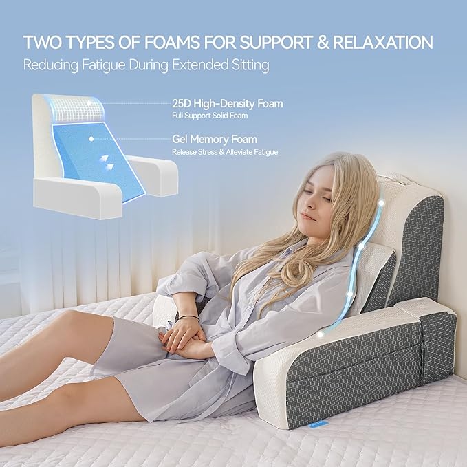 Kayfia Reading Pillow, 10 in 1 Back Pillow for Bed Sitting up with Detachable Arms Rest, Back Rest Pillow with Gel Memory Foam, Husband Pillow for Reading/Gaming/Working in Bed or Couch 19", White