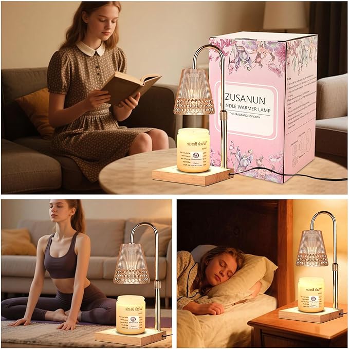 Candle Warmer Lamp Adjustable Height & Dimmable, Electric Candle Warmers for Jar Candles, Home Decor Lamp with Timer, Perfect Gifts for Women Men, Safe Night Light for Bedroom Office (Amber-wood B)
