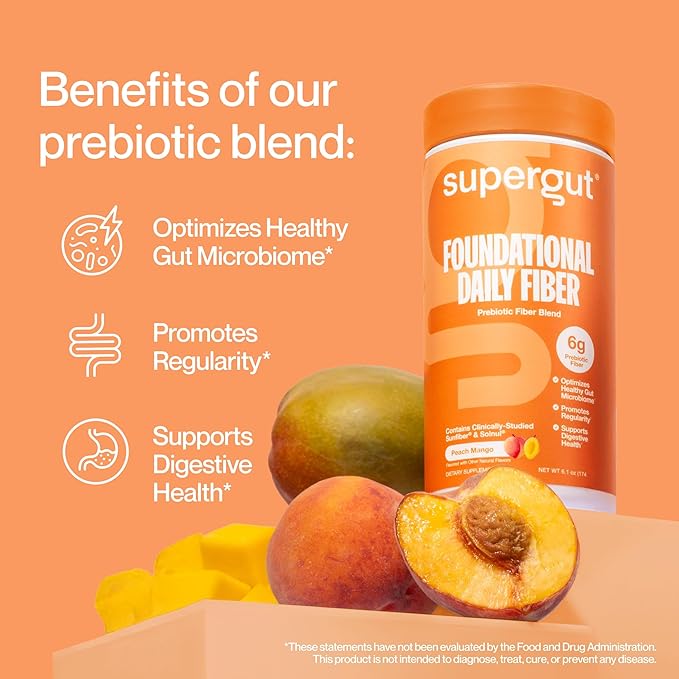 Supergut Foundational Daily Fiber Powder, Sugar Free & Vegan Prebiotic Fiber Blend for Gut Health & Digestive Support, Supplement for Men & Women with Solnul & Sunfiber, Peach Mango, 18 Servings