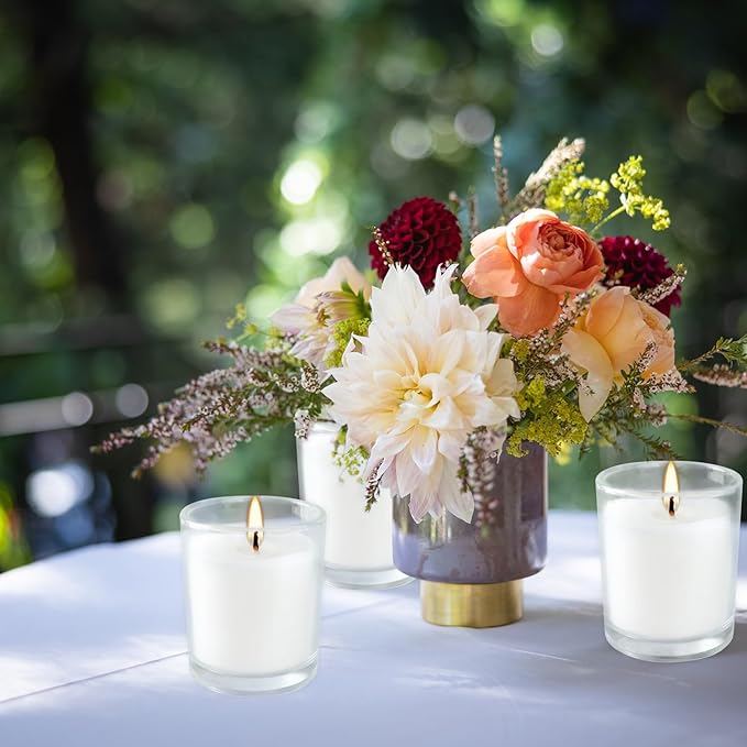 20 Pack White Unscented Glass Cup Candles - 15-20 Hour Burn Time, Soy Wax, Minimalist Style for Home Decor, Weddings, Parties & Special Occasions.