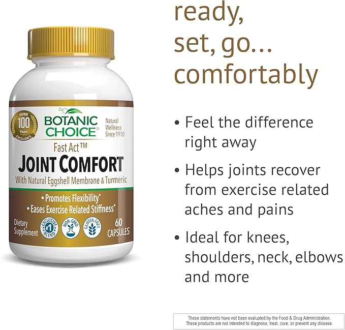 Botanic Choice Fast Act Joint Comfort with NEM Natural Eggshell Membrane, Turmeric Curcumin, Bioperine, & White Willow Bark, Supports Joint Health, 60 500mg Capsules