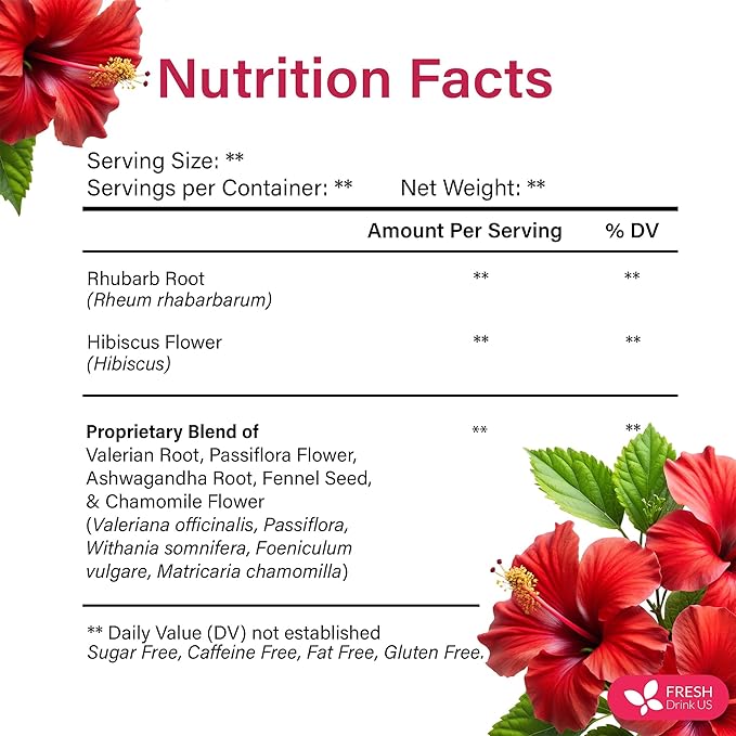 FreshDrinkUS, 40 Tea Bags - Menopause Support Herbal Tea โ Soothing Blend with Rhubarb, Hibiscus, Valerian, Passiflora, Ashwagandha, Fennel & Chamomile, Caffeine-Free, Vegan, Non-GMO