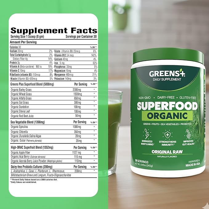 Greens+ Organic RAW Superfood Powder, Super Blend Immune Support, Morning Kick, Energy Boost, Nutrition Vibrant Health, Dietary Supplement, Vegan Soy/Dairy/Gluten Free(8.46oz)