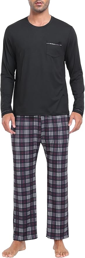 MoFiz Men's Pajamas Plaid Sets Sleepwear Sleep Long Sleeve Shirts and Pants Pajama Set Soft Mens Pjs Lounge Set with Pockets