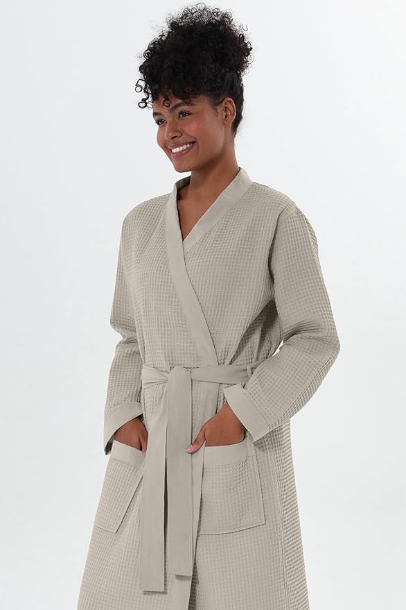 SEYANTE Womenโs Luxury Waffle Shawl Collar, Hooded Robe w Piping โ Lightweight, Long, Ultra Soft Spa Sleepwear Bathrobe
