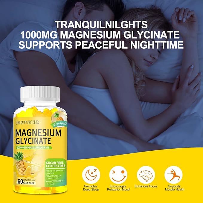 Magnesium Glycinate Gummies 1000mg - Sugar-Free Magnesium Potassium Supplement with Vitamin D, B6, CoQ10 for Adults & Kids,High Absorption for Calm Mood & Sleep Support - 60 Pineapple Gummies