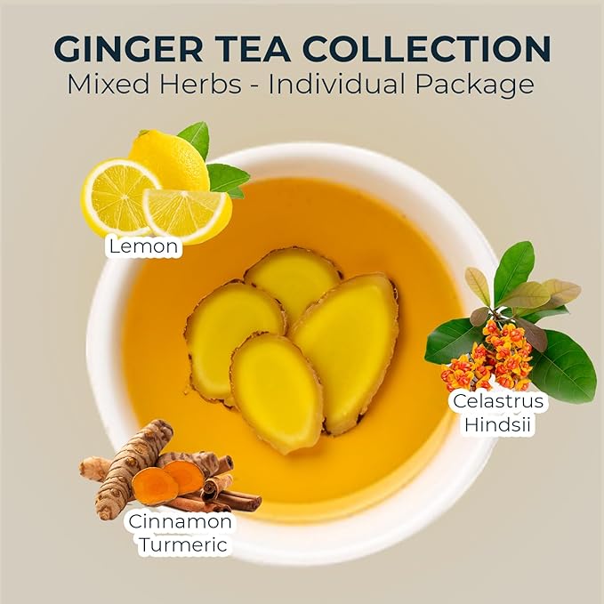 Ginger Lemon Tea Bags - 55 Count (+5 Tea Bags) - 5.22 oz, Refresh Sour, Re-Steep Herbal Detox Tea Blend for NaturalSupport and Body Warm, Energy Support, Bamboo Tong Include