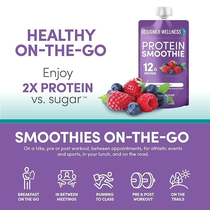 Designer Wellness Protein Smoothie, Real Fruit, 12g Protein, Low Carb, Zero Added Sugar, Gluten-Free, Non-GMO, No Artificial Colors or Flavors, Mixed Berry, 24 Count
