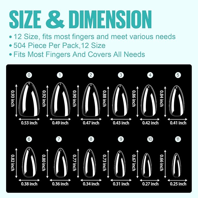 TOMICCA Almond Nail Tips - 504Pcs Acrylic Nails, Clear Gel Nail Tips, 12 Sizes Full Cover Pre-Shaped Fake Nails for Nail Extension Art Professional and Home DIY
