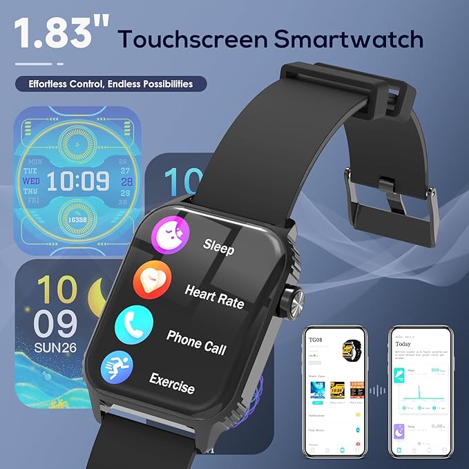 Smart Watches for Women Men, 1.83" HD Smartwatch with 120 Sports Modes, IP67 Waterproof, Bluetooth Call and Music Control;Heart Rate and Sleep Monitor (Black)